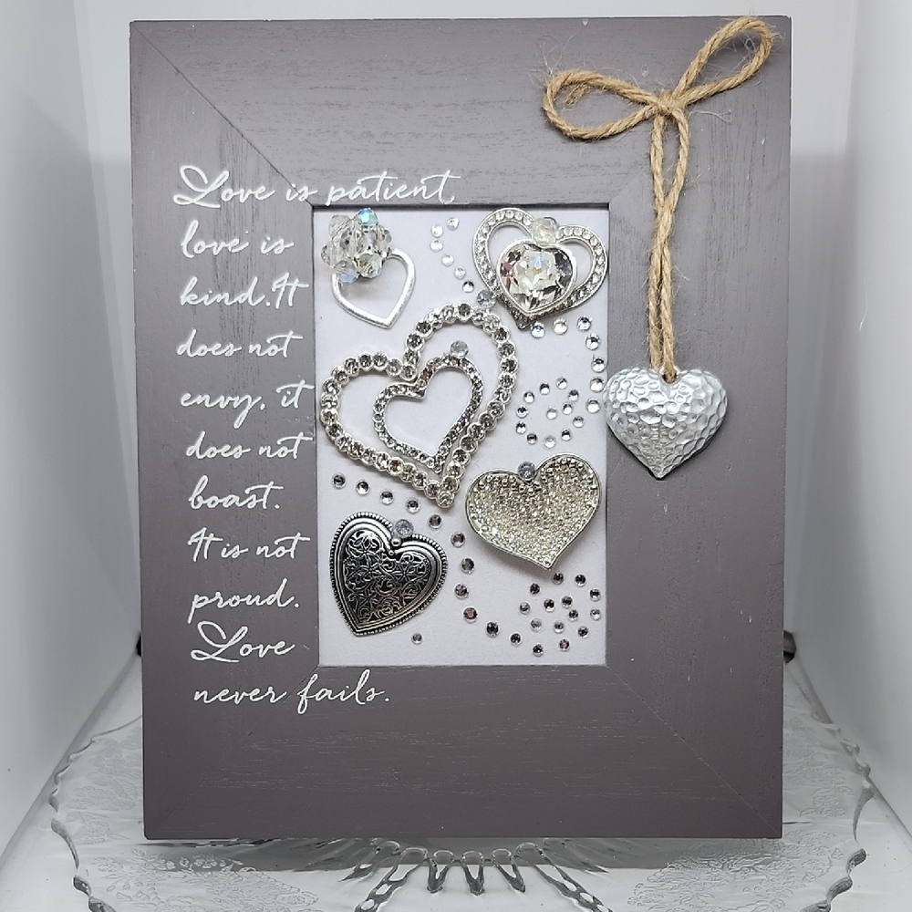 Gray Heart Accent Frame with Hanging Silver Heart Jewerly Art